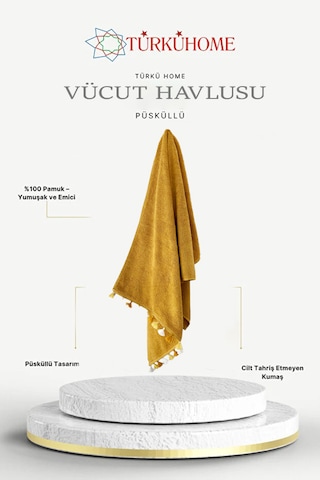 Püsküllü Yumuşak Pamuk Havlu Yüksek Emicili Vücut Havlusu 70x130 Cm Sarı