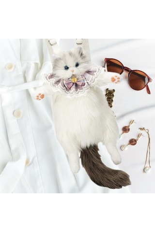 Fastbuy Sevimli Kedi Şekilli Sırt Çantası Gri Suntek Doldurulmuş Gri