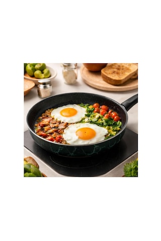 30 Cm Teflon Tava, Yapışmaz Yüzey, Homojen Isı Dağılımı, Ergonomik Sap, Yeşil Mermer Desen Çok Renkli