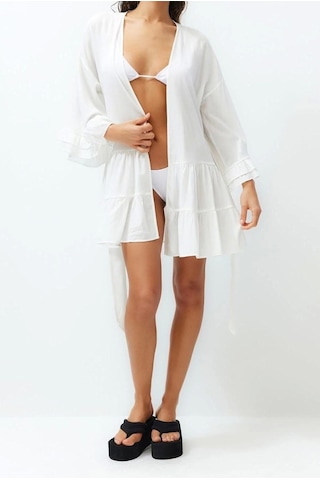 Ersefa Moda Örme Oversize Kalıp Midi V Yaka Büzgülüfırfırlı Kol Crinkle Beyaz