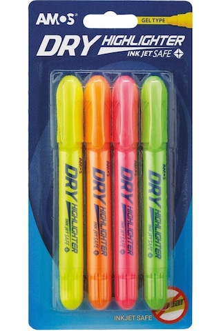 Amos Dry Highlighter Jel Fosforlu Kalem - 4lü Set Çok Renkli