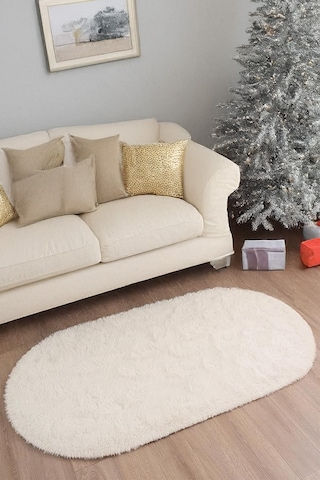 Krem Oval Post Halı Peluş Yumuşak Kaymaz Dot Taban Makinada Yıkanabilir Yolluk Krem