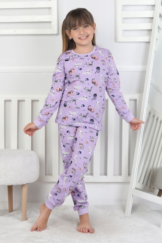 Uzun Kollu Cute Cat Desenli Kız Çocuk Pijama Takımı Mor