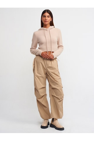 Dilvin Yumuşak Dokulu Kapşonlu Crop Kazak Bej