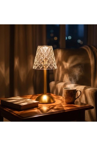 Gece Lambası Uzun Klasik Baklava Formlu Led Masa Lambası Dokunmatik 3 Renk Işık Modlu Şarj Edilebilir Dekor Amaçlı Şeffaf .