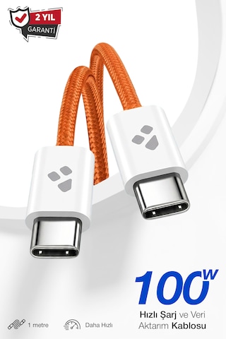 100w Destekli Usb-c To Usb-c Hızlı Şarj Ve Yüksek Hızlı Veri Aktarım Kablosu 1 Metre 100cm