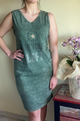 Mia Butik Kadın İtalyan Yıkamalı Kolsuz Haki Elbise-677 Haki