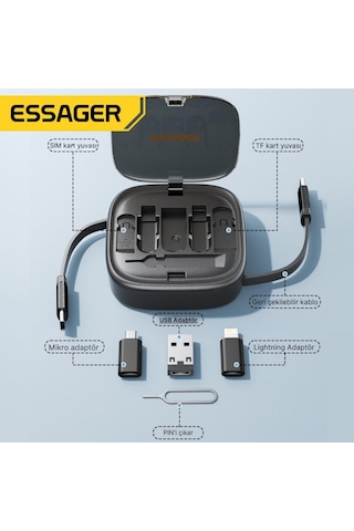 Essager 7in1 Makaralı 60w Type-c Şarj Kablosu Ve Type-c To Usb Lightning Dönüştürücü Seyahat Şarj Kablosu