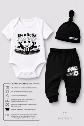 Babyden's %100 Pamuk Siyah Beyaz En Küçük Taraftar Bebek Takımı 3'lü Kısa Kol Body,pantolon Ve Şapkalı Yenidoğan Seti 0-9 Ay Beyaz - Siyah