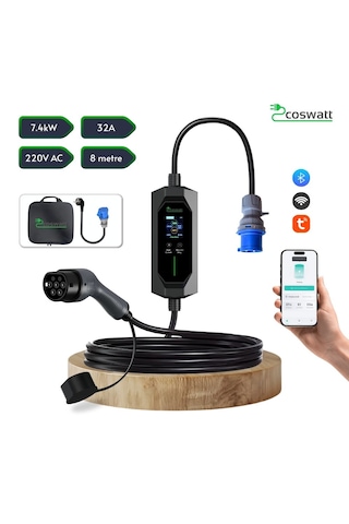 Coswatt Taşınabilir EV Şarj Cihazı CS-P1-32A / 7.4kW / 8m / Türkçe / 220V AC / Tip-2 / 3x32A CEE / Ev Tipi Dönüştürücü / Çanta