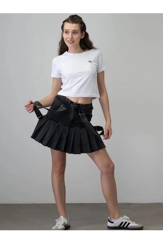Kız Çocuk Askılı Pileli Tasarım Denim Etek-15535 Siyah