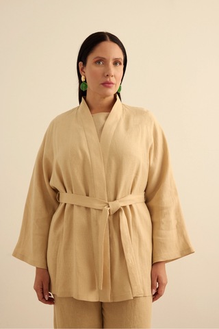 Aker Seyyar Kuşaklı Keten Kimono Taş Taş