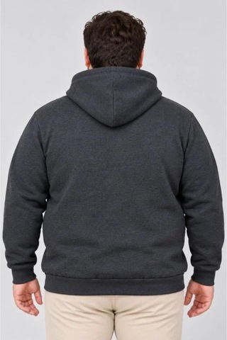 Butik İstanbul Erkek Battal Büyük Beden Üç İplik İçi Şardonlu Kapüşonlu Kanguru Cepli Kışlık Sweatshirt - Füme