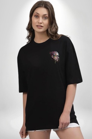 İnsan Kafası Sulu Boya Siyah Oversize Unisex Ön Sol Yan Minimal Baskılı Tişört Koyu Siyah
