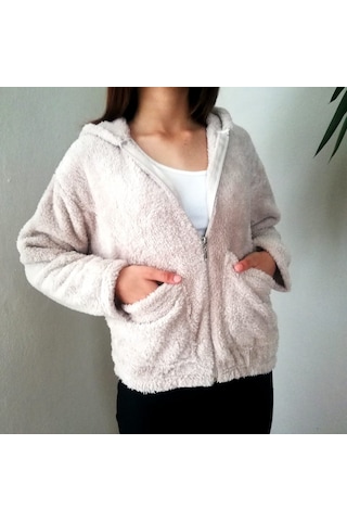 Yumuşacık Peluş Kapşonlu Fermuarlı Sweatshirt Hırka Taş Renk Çok Renkli