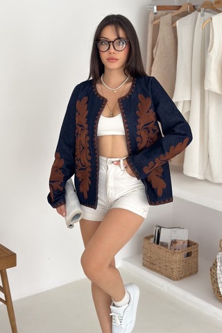 Femelle Kadın Lacivert Vintage Nakışlı Kot Denim Ceket Kahverengi