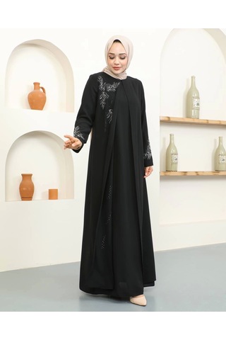 Büyük Beden Taş Detaylı Anne Elbisesi - Siyah / E0129 Siyah
