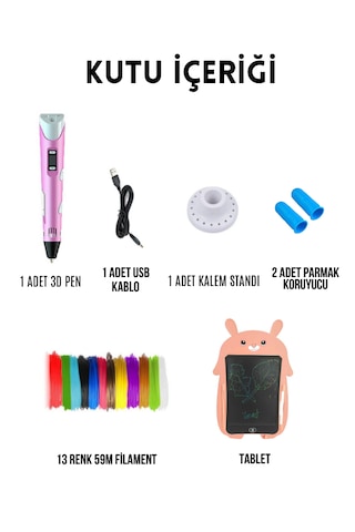 Orh Market 3d Kalem 3d Pen Usb Kablolu Üç Boyutlu Yazıcı Kalem Printer Ve Pembe Tavşan Grafik Tablet Set - Pembe