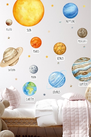 MSticker Eğitici Gezegen Seti - Gezegenler Sticker Seti - Çocuk Bebek Odası Sticker Mavi