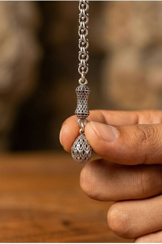 Koleksiyonluk 925 Ayar Gümüş Otantik İşleme Arnavut Zincir Damla Tesbih Püskül Ucu 7cm Rzt10047p