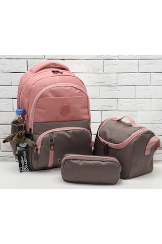 İlk Okul Çantası 3'lü Seti Unisex Çocuk İlkokul Çantası Gry-8010 Pudra-vizon Fuşya