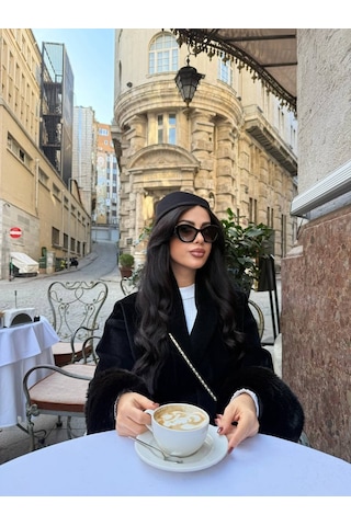 Alemdarshop Kürk Detaylı Kemerli Kadın Ceket - Siyah