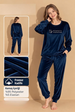 Boyraz Kadın Kışlık Fransız Kadife Bisiklet Yaka Uzun Kol Pijama Takımı 03093- 1 Adet Lacivert