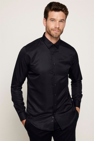 Tudors Slim Fit Uzun Kollu Kolay Ütü Teri Emen Nefes Alan Doku Kravatlık Dört Mevsim Erkek Gömlek Siyah