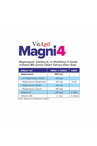 Vitagil Magni4 Magnezyum, Vitamin D3 Ve Piridoksal 5'fosfat Vitamin B6 30 Tablet