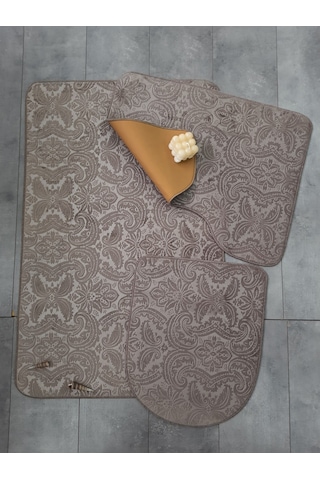 Bonny Home 3 Lü Kapuçino Ultrasoft Desenli Klozet Takımı Banyo Halısı Kahverengi