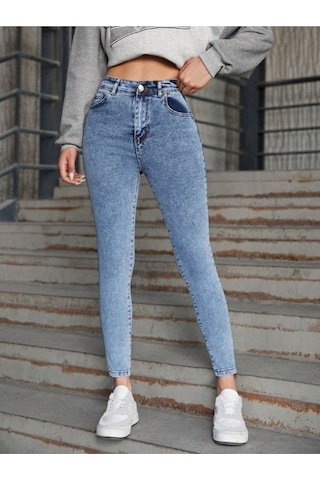 Yüksek Bel Mavi Kar Yıkama Skinny Dar Paça Jean Kadın Mavi