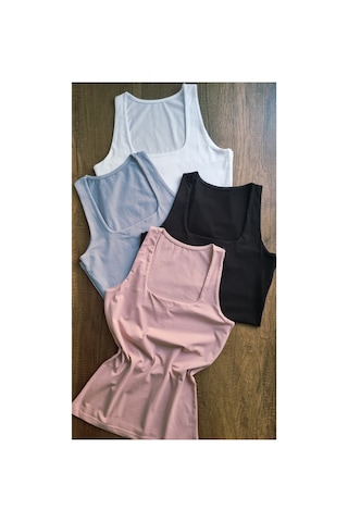 Demirsa Boutique Kare Yaka 4'lü Pudra, Mavi, Siyah Ve Beyaz Renk Pamuklu Kadın Atlet Çok Renkli