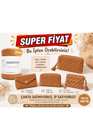Akmonia Premium Makrome İpi Zincir İp 200gr X 2 Toplam 400gr-ekru Çanta İpi Supla İpi Dekor İpi Örgü İp Sütlü Kahve
