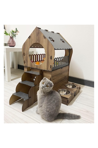 Reyo Pet Dekoratif Teraslı Kedi Evi ve Mama Kabı Seti
