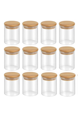 12 Adet Vakumlu Bambu Kapaklı Borosilikat Baharatlık, Saklama Kabı, Çerezlik 200 Ml Şeffaf Cam