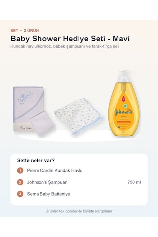 Baby Shower Hediye Seti 3 Parça: Kundak Havlu + Johnson's Şampuan + Sema Baby Battaniye - Mavi