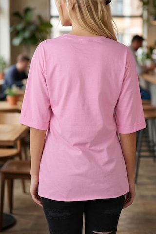 Armonika Kadın Pembe Yuvarlak Yaka Duble Kol Yanları Yırtmaçlı Pamuklu T-shirt Arm-26y137001
