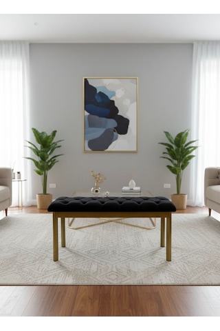 Loft Kapitone Döşeme Metal Gold Ayaklı Puf & Bench - 105x40 Cm Siyah