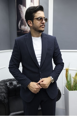 Avni Ceylan Monoline Elegance Stil Gofre Kumaş Tek Düğme Takım Elbise Lacivert