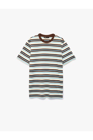 Koton Regular Fit Kısa Kollu Bisiklet Yaka Pamuklu Çizgili Tişört Kahverengi Çizgili 6sam10380mk