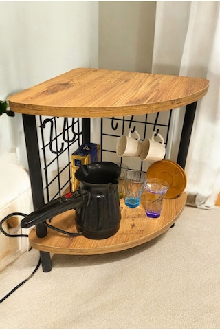 Mutluluk Köşesi Tezgah Üstü Raf Mini Kahve Köşesi Ve Baharatlık 6 Kancalı Organizer Çam