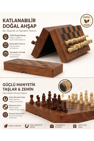 Lüks Doğal Ahşap Manyetik Satranç Takımı 30x30 Cm Katlanabilir Özel Yuvalı Premium Satranç Seti