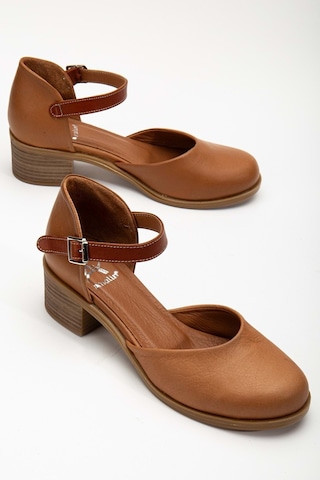 Analin Shoes Kadın Hakiki Deri Burnu Kapalı Bilekten Bağlı Sandalet Taba