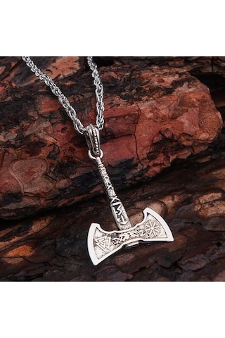 Çift Taraflı Savaşçı Baltası Erkek Kolye Çelik İskandinav Takı