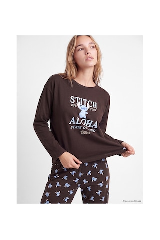 LC Waikiki Alıta Cıty Farkıyla Lcw Young Kahverengi Penye Baskılı Uzun Kollu Kadın Pijama Takım Kahverengi - 929503617 Kahverengi
