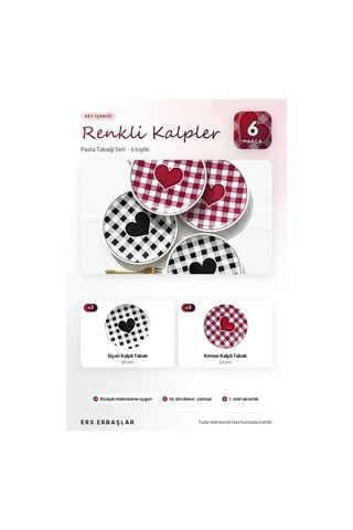 Renkli Kalpler 6'lı Pasta Tabağı Seti 20 Cm Çok Renkli