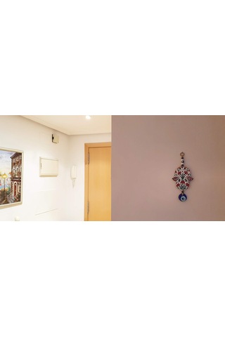 İlyasoğlu Hamsa Lazer Kesim Tahta Renkli Desenli Duvar Süsü Cam Nazarlık Sallantılı Tahta Model 2 26x10cm