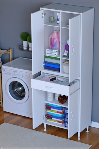 Eliusta Line Beyaz 60 Cm Banyo Dolabı Çok Bölmeli Banyo Düzenleyici Dolap 4 Kapaklı 4 Raflı 60x173x32,5 Cm Beyaz