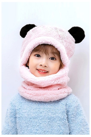 Bundera Panda Çocuk Kapşonlu Peluş Bere Atkı Welsoft Boyunluk