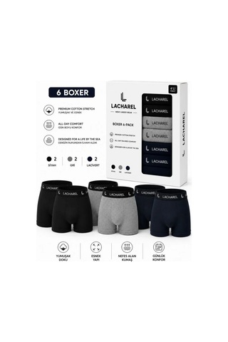 Veraura Lifestyle Erkek 12li İç Giyim Seti Pamuklu 6 Boxer 6 Çorap Çoklu Paket - Siyah - Lacivert - Gri - Beyaz Çok Renkli